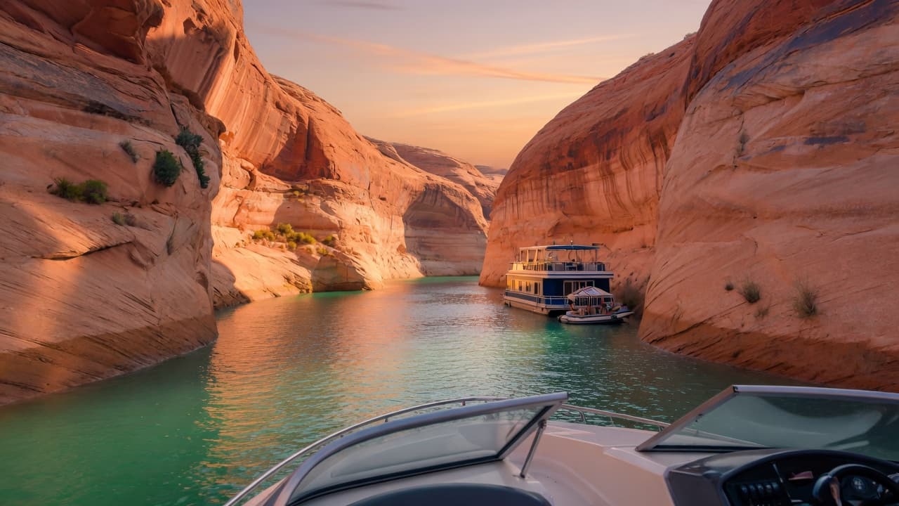 View from a boat helm at golden hour, looking up a Lake Powell canyon toward a houseboat tucked against sandstone walls