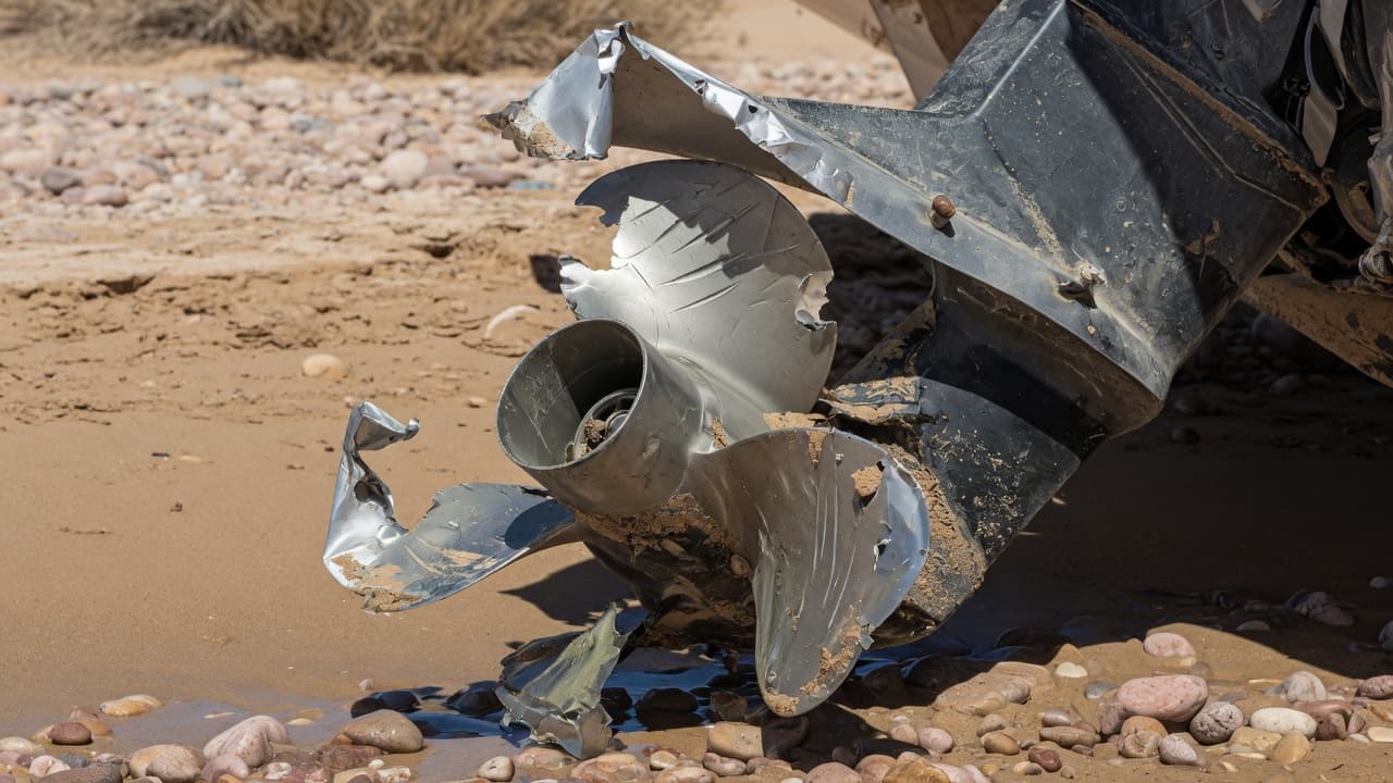 A boat outboard propeller with blades bent, torn, and gouged after hitting a rock, the lower unit tilted up on a sandy shore