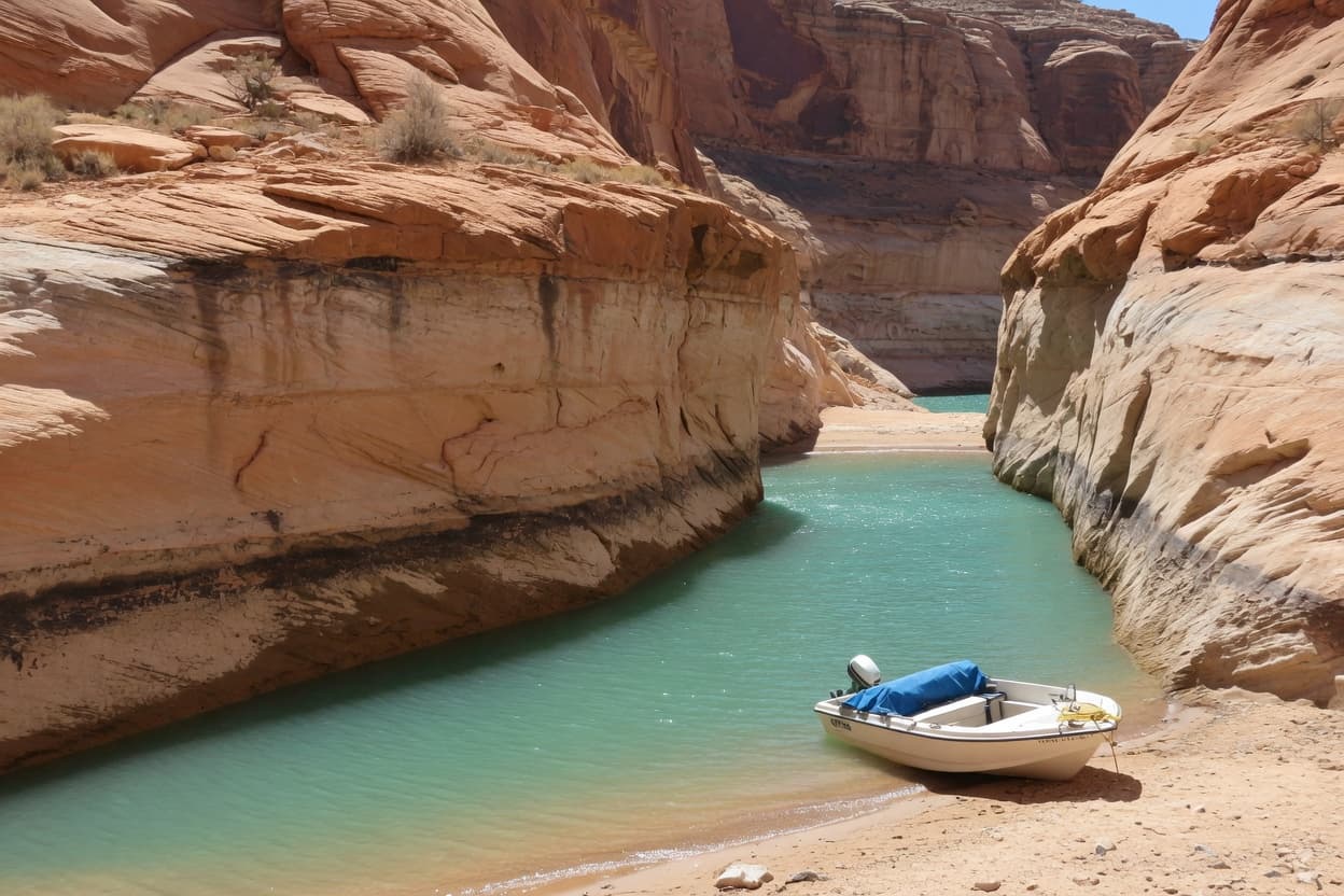 A beached runabout in a Lake Powell side canyon with a bathtub ring on the sandstone